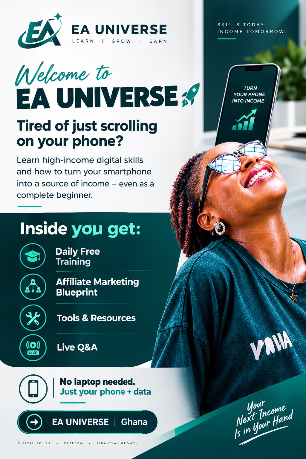 EA UNIVERSE welcome flyer about digital skills, training, affiliate marketing, tools and smartphone-first learning